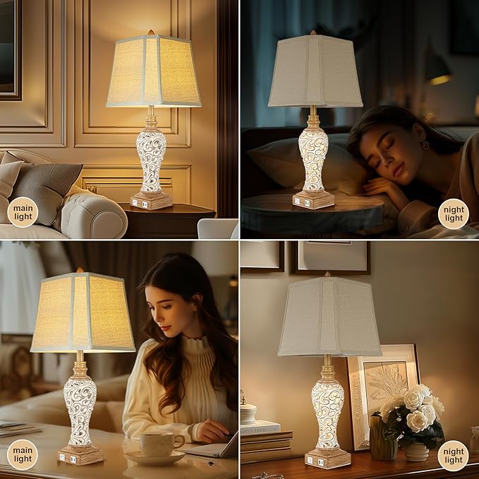 28.5" Rustic Table Lamp Set of 2 For Living Room Farmhouse Lamps for Bedroom, Bedside Lamps with Night Lights And USB C+A Charging Ports for Decor Office Study Hotel (Bulbs Included)