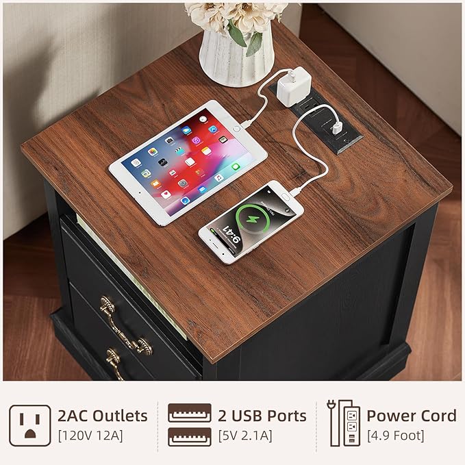 2PCS Farmhouse Nightstands with Charging Station，18" End Table with 2 Drawers，Farmhouse Nightstand with Vintage Handles, Bedside Cabinet for Bedroom for Bedroom, Living Room,Black