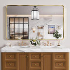 Gold Bathroom Mirror, 55x30 Inch Brushed Gold Metal Frame Mirror for Wall, Rounded Rectangle Bathroom Vanity Mirror, Tempered Glass, Anti-Rust, Horizontal/Vertical