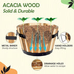 Idzo Set of 3 Wooden Flower Boxes Outdoor, Durable Acacia Wood Barrel Planters for Outdoor Plants with Ergonomic Handles, Drainage Holes, Multiple Sizes Wood Bucket Planter for Home Decor