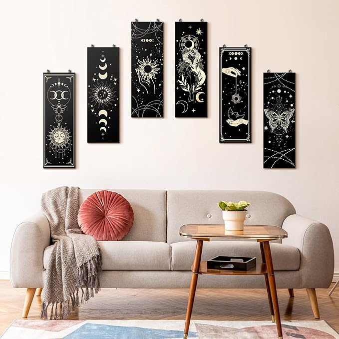 6 Pieces Wall Decor Gothic Boho Wall Art Sun Moon Phases Hanging Rectangular Wooden Minimalist Vintage Sign Plaque Farmhouse Pediments for Home Living Bedroom