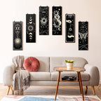 6 Pieces Wall Decor Gothic Boho Wall Art Sun Moon Phases Hanging Rectangular Wooden Minimalist Vintage Sign Plaque Farmhouse Pediments for Home Living Bedroom