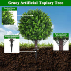 Artificial Topiary Tree with Eucalyptus, Set of 2 Artificial Shrub Bushes with Ground Spike, Fake Evergreen Tree for Porch, Artificial Plants for Outdoor Planters Indoor UV Resistant