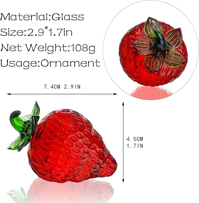 Glass Red Strawberry Figurine Crystal Fruit Collectibles Art Glass Fruits Decoration for Home Office Strawberry Kitchen Decor for Women