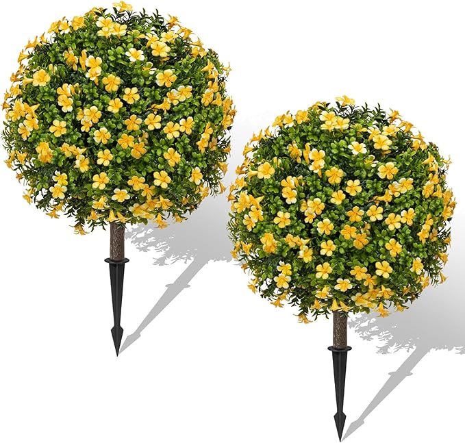 25" Artificial Boxwood Topiary Ball Fall Autumn Tree with Yellow Flowers，Fake Mums Plants with Ground Spike，Set of 2 UV Resistant Faux Bushes, Faux Shrubs for Garden, Patio, Porch, Yard, Indoor