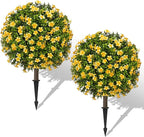 25" Artificial Boxwood Topiary Ball Fall Autumn Tree with Yellow Flowers，Fake Mums Plants with Ground Spike，Set of 2 UV Resistant Faux Bushes, Faux Shrubs for Garden, Patio, Porch, Yard, Indoor
