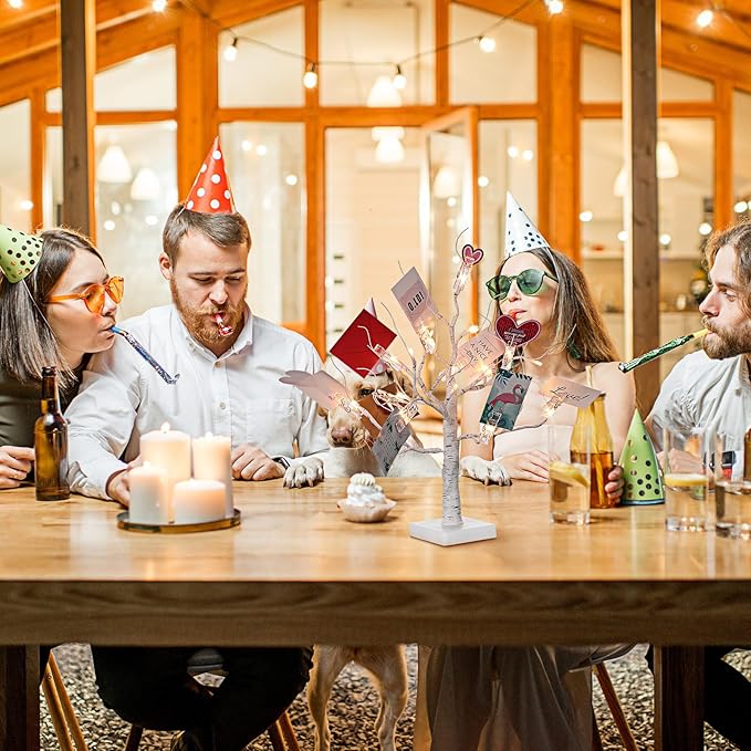 Mudder Money Holder Tree Present Card Holder with 12 Clear Clips LED Birch Twig Lights Tabletop Display Tree for Christmas, Valentines, Memo, Photo, Wedding(Trendy Style,White, Warm White)