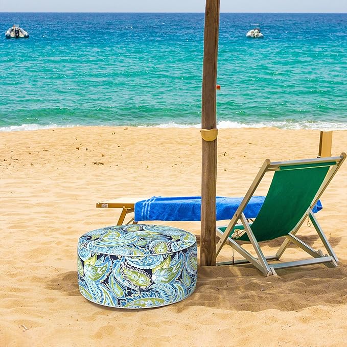 Inflatable Ottoman Stool D21 xH9 for Outdoor/Indoor Use, Water Repellent Patio Foot Rest with Portable Handle,Round Pouf Ottoman Suitable for Garden,Deck and Camping - Paisley Lapis Green