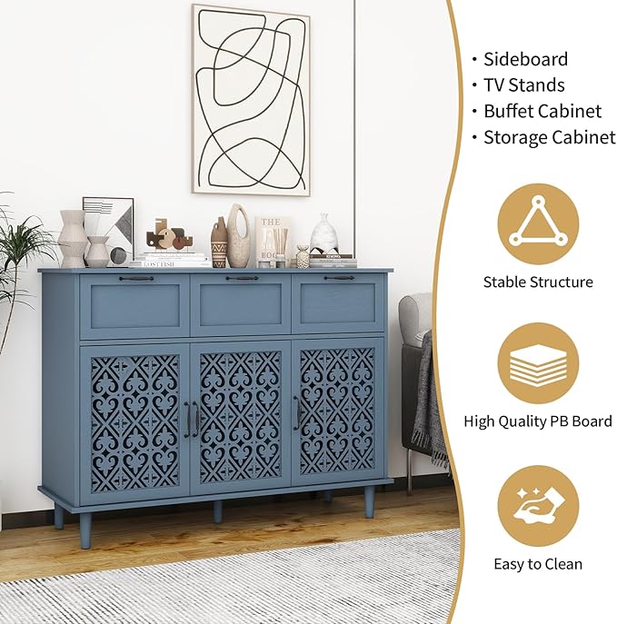 Sideboard Buffet Cabinet with Storage - Modern 3 Door 3 Drawer Farmhouse Wood Credenza for Living Room, Dining Room (Blue)
