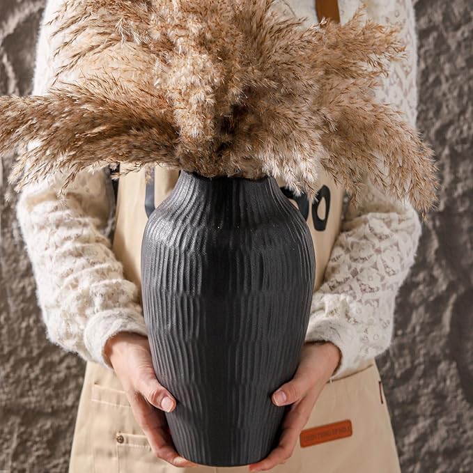 Elegant Black Ceramic Vase - Modern Minimalist Home Decor Vase, Centerpiece for Living Room, Dining Table, Office - 11.6 Inches Tall, Handcrafted Pottery for Farmhouse, Boho, Contemporary Style