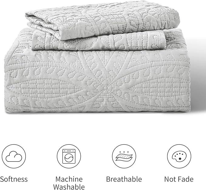 Love's cabin Quilts for Full Bed Light Grey Bedspreads Bedding Set - Lightweight Bedspread Comforter - Coin Pattern Bedding Coverlet for All Season - 3 Pieces (1 Quilt, 2 Pillow Shams)