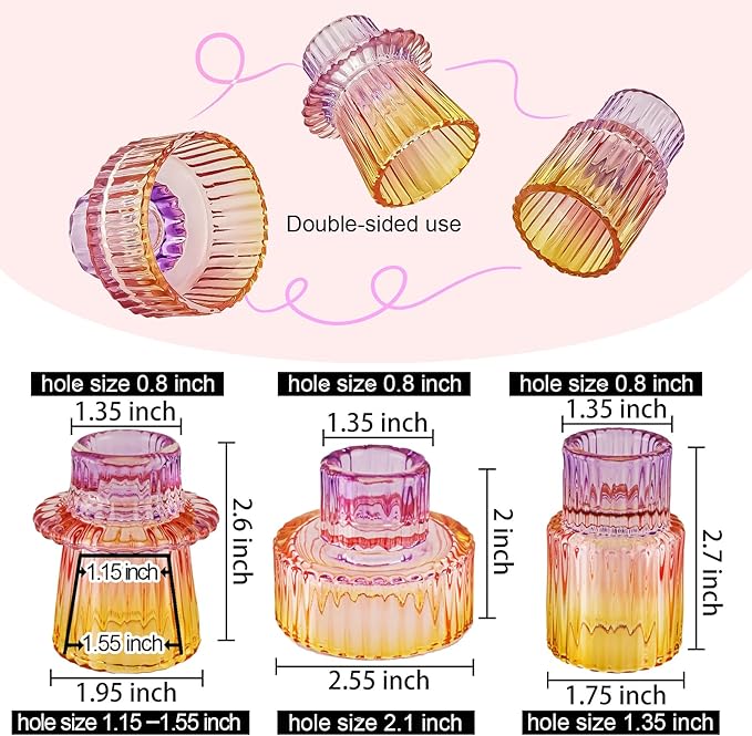 Double Sided Vintage Ribbed Taper Glass Candle Holders,Tea Candle Holder for Table Centerpieces, Wedding Decorations and Dinner Parties (Purple-Pink-Yellow, 3 PCS)