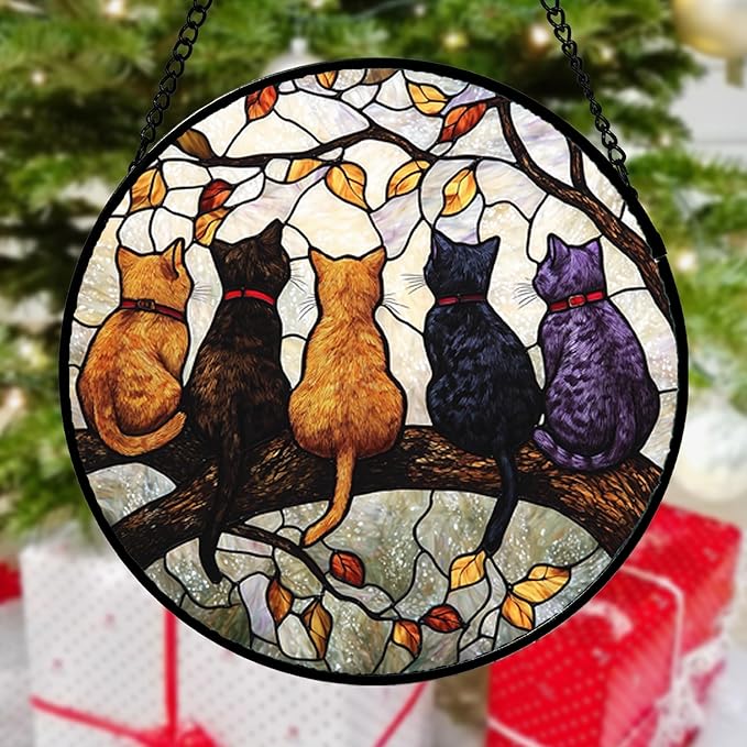 Stained Glass Window Hanging - 5 Cats on a Branch Suncatcher for Window Doors Home Decoration and Christmas, Mother's Day Father's Day Birthday Gifts for Women, Men, and Mom 14.9x14.9 in
