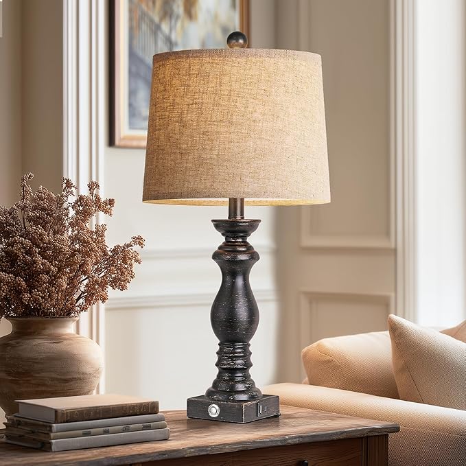 24.5" Table Lamp Set of 2, Rustic Farmhouse Bedside Lamps with USB A+C Charging Ports, 3-Way Dimmable Touch Control Nightstand Lamps for Living Room Bedroom, Antique Black, LED Bulbs Included