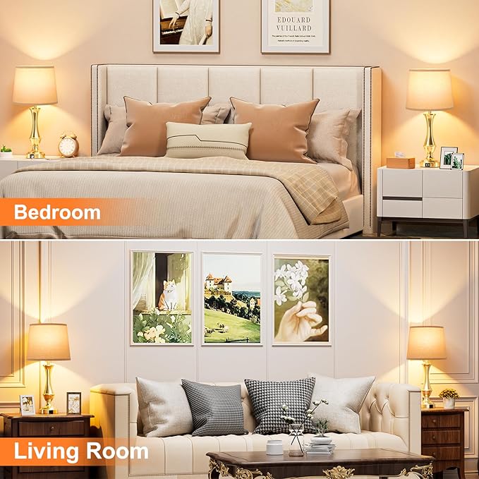 Upgraded Touch Lamps for Night Stands Set of 2 - Bedside Lamps with USB C+A, 3 Way Dimmable for Bedroom Living Room End Tables Office (Oat Shade&Coppery Base)