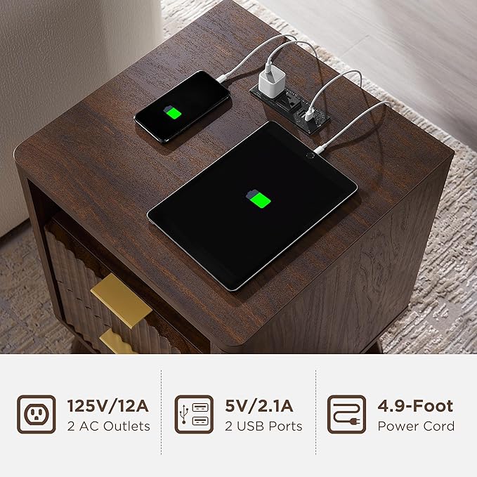 T4TREAM Fluted Nightstand with Charging Station, 18" Modern Side Table, 2 Drawers End Table with Storage, Bedside Table for Bedroom, Living Room, Curved Profile Design, Dark Walnut