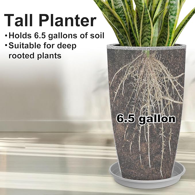 Tall Flower Pot Indoor - Outdoor Plant Pot - Gray Rough Planter - Elegant Stone Imitation - 12" Diameter 21" Tall with Drainage Holes and Saucer