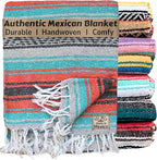 Del Mex Classic Mexican Blanket, Large Authentic Woven Falsa Throw (70"x50"), Artisan Southwest Décor for Beach, Yoga, Outdoors (Mint/Orange/Gray)