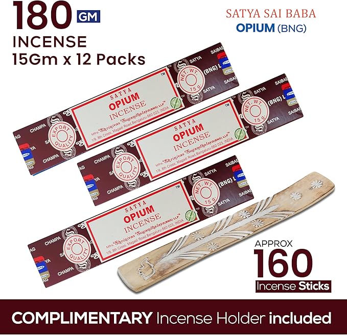 Satya Opium Incense Sticks, Satya Bng (Bangalore) Insenses 15gmx12 Pack with Raajsee Incense Holder Bundle, Satya Nagchampa Natural Incense