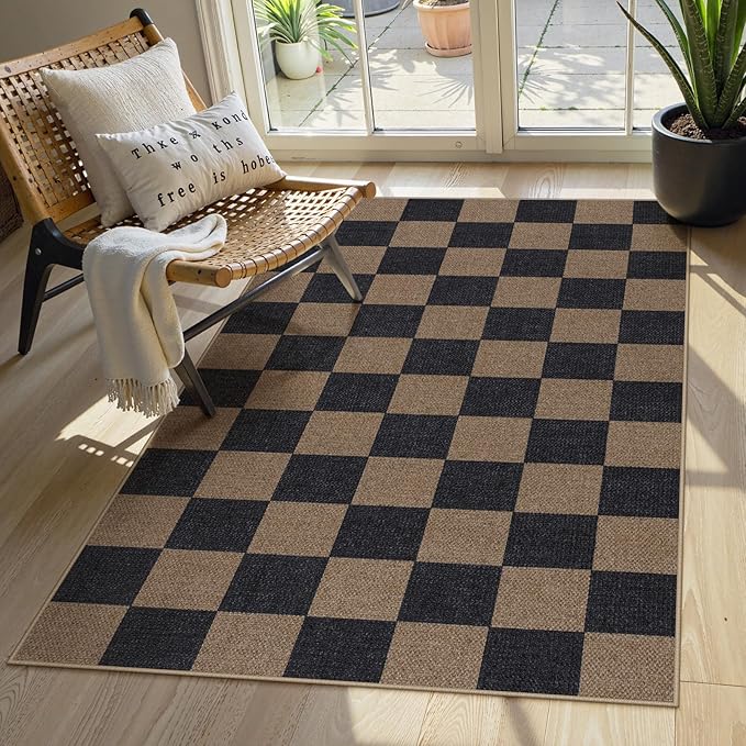 Lahome Checkered Easy Jute 3x5 Rug, Washable Rugs for Living Room Entryway Farmhouse Non Slip Black Outdoor Carpet, Checkerboard Indoor Door Mat for Entry Patio Deck