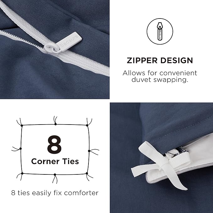 Bedsure Duvet Cover Queen Size with Fitted Sheet - 4 Pieces Prewashed Cotton-Like Extra Soft Bedding Set, Includes 1 Duvet Cover 90x90 Inches with Zipper Closure, 2 Pillow Shams, 1 Fitted Sheet, Navy