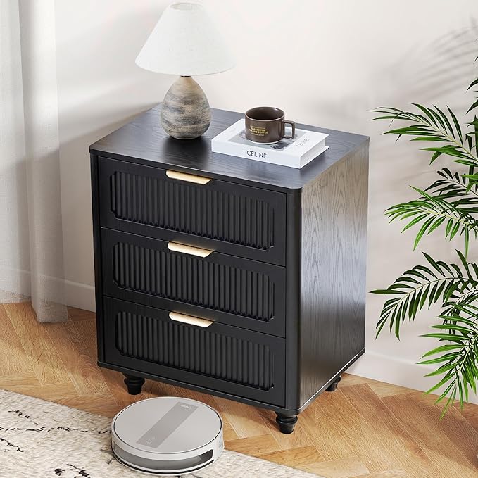 Fluted Nightstand Set 2 22.9'' Wood Nightstands with Drawers Bedside Table Set of 2 Mid Century Drawer Dresser for Bedroom Living Room Black