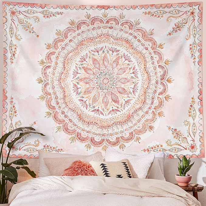Fowocu Boho Floral Mandala Tapestry Wall Hanging Pink Bohemian Flower Medallion Tapestry Aesthetic Watercolor Hippie Indian Large Tapestries for Bedroom Living Room Dorm Decor 80 x 60 Inch