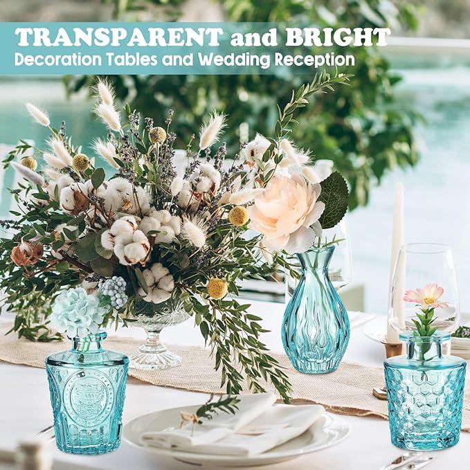 20 Pcs Glass Bud Vase Set Small Vintage Flower Vase in Bulk for Centerpieces Rustic Decorative Glass for Wedding Table Home Christmas Decoration (Light Blue)