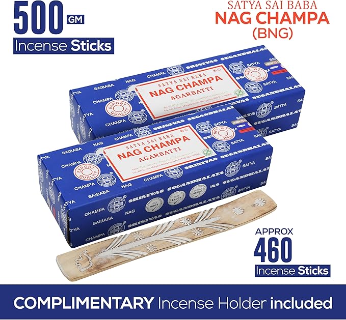 Satya Nagchampa Incense Sticks 250 gmx 2 Pack (500 GMS), Satya BNG (Bangalore) Insenses with Raajsee Incense Holder Bundle, Satya Nagchampa Natural Incense