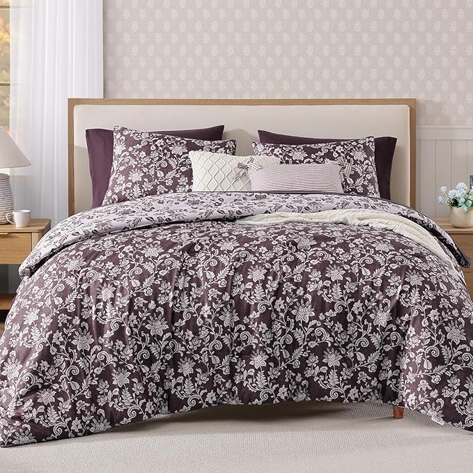 Full Comforter Set -7 Pieces Floral Dark Purple Comforter Set for All Seasons, Bed in a Bag Full with Botanical Flowers Comforter, Sheets, Pillowcases & Shams