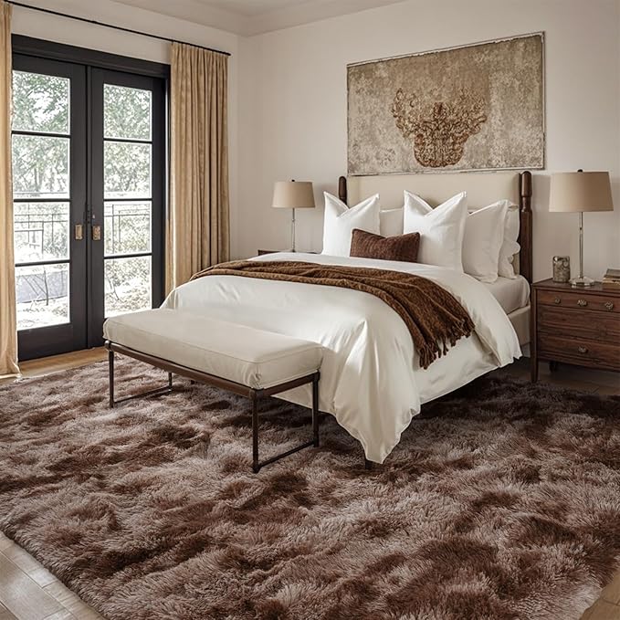 9x12 Ft Extra Large Shag Brown Area Rug for Living Room, Tie-Dyed Ultra Soft Fluffy Furry Rugs for Bedroom Indoor Floor, Aesthetic Carpet for Kids Home Decor (Coffee)