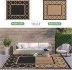 GENIMO 10 ' x 14 ' Outdoor Rug Waterproof for Patio Decor, Foldable Reversible Plastic Straw Area Rugs Mat for Camper, Outside Carpet for Rv, Deck, Porch, Picnic, Beach, Balcony, Black & Brown