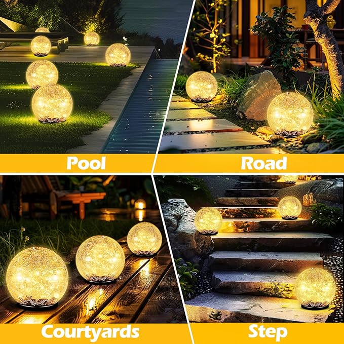 Garden Solar Ball Lights Outdoor Waterproof, 80 LED Cracked Glass Globe Solar Power Ground Lights for Path Yard Patio Lawn, Christmas Decoration Landscape Warm White(2 Pack 5.9'')