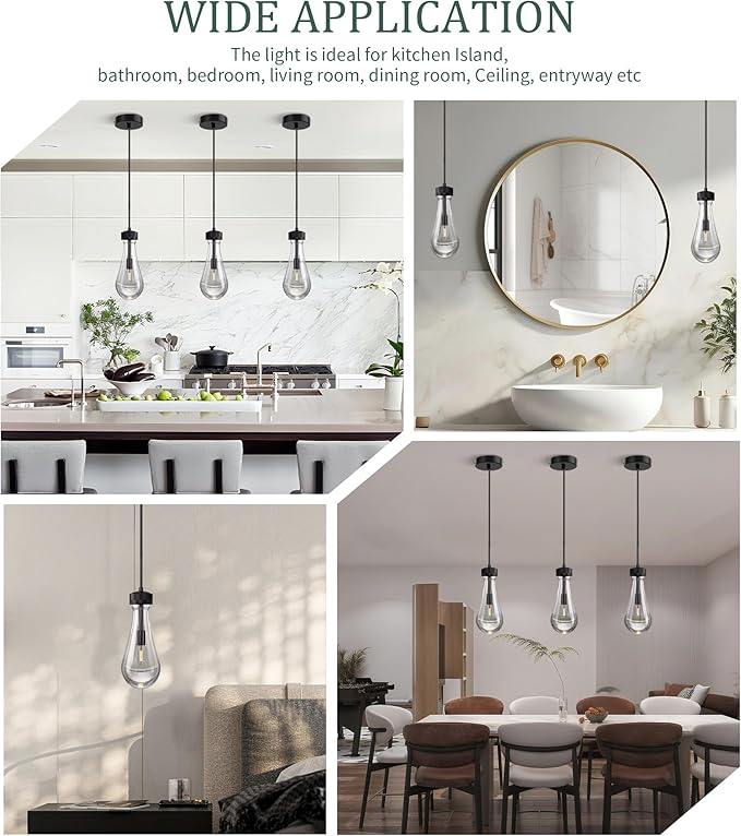 Espird Raindrop Pendant Lights - Matte Black Pendant Lights Kitchen Island, Teardrop Island Pendant Light for Kitchen Modern Chandelier for Bedroom Bathroom Living Room
