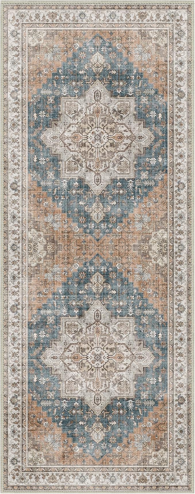 GENIMO 2x10 Runner Rugs for Hallway, Machine Washable Non Slip Vintage Rugs, Low Pile Lightweight Soft Print Rug for enrtyway, Corridor, Home Office, Kitchen, Blue Brown