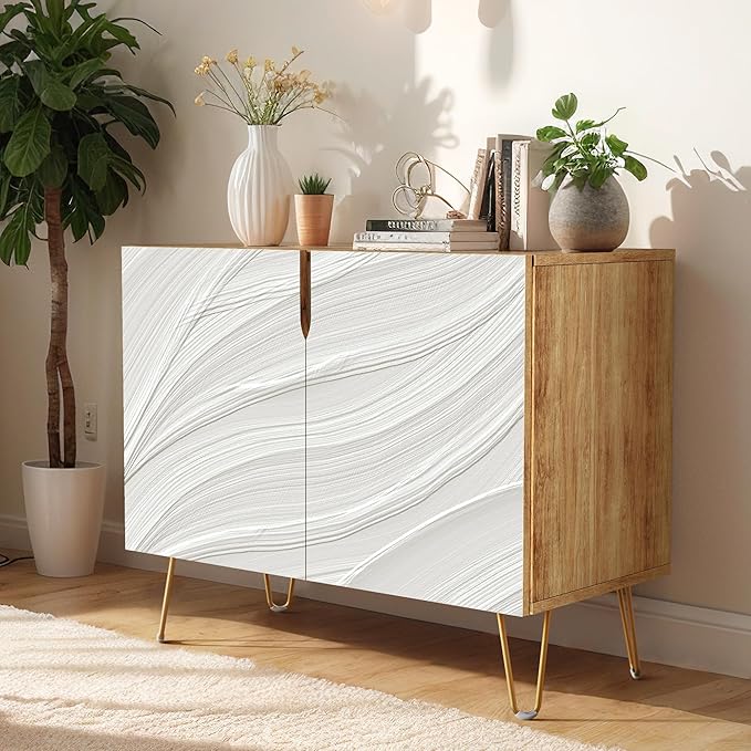 SIGNWIN Sideboard Buffet Cabinet, Kitchen Storage Cabinet with 2 Doors, Gray & White Paint Stroke, Cupboard Console Table for Dining Room - 35" L x 18" W x 29" H