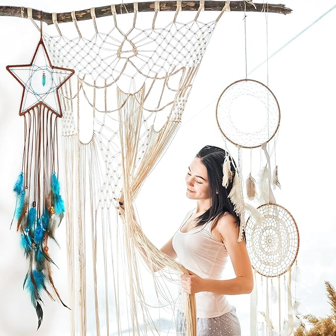 Jetec 3 Pcs Dream Catcher Moon Sun Star Design Handmade Traditional Craft Ornament Wall Hanging Home Decoration Bedroom Wedding Halloween Christmas Decorations(Dark Blue)