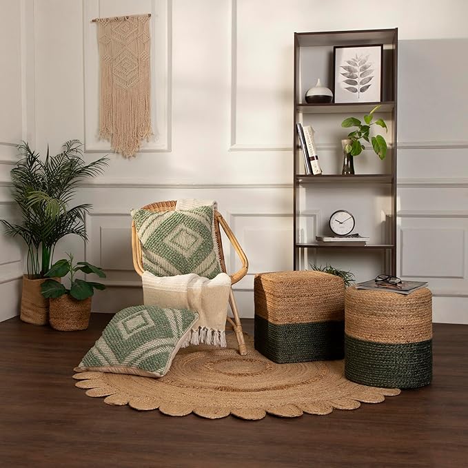 REDEARTH · Cylindrical Pouf Foot Stool Ottoman - Jute Braided Pouffe Poof Accent Sitting Footrest for The Living Room, Bedroom, Nursery, Patio, Lounge & Other Rooms (14.5”x14.5”x16”; Natural Olive)