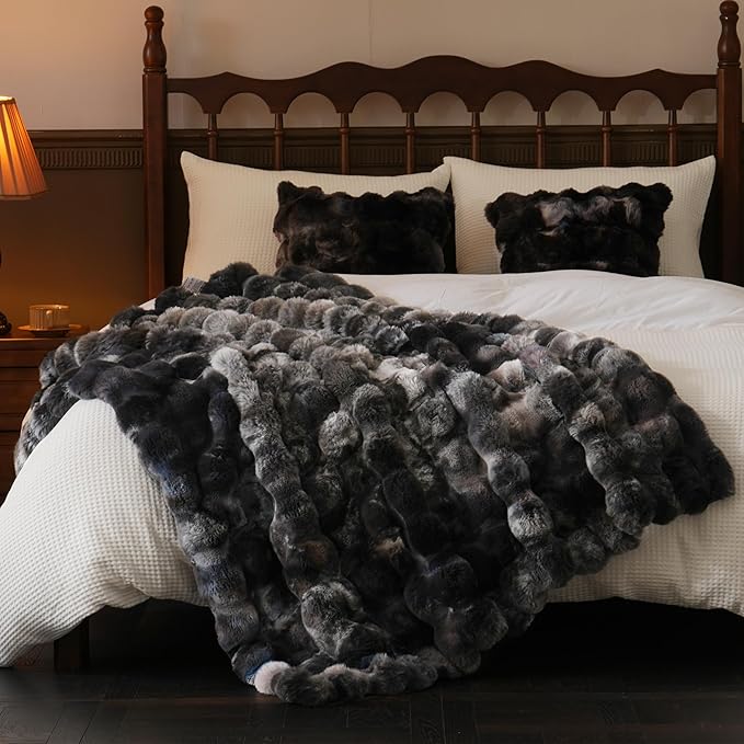 BENVWE Fluffy Faux Fur Throw Blanket for Couch, Soft Plush Thick Cozy Fuzzy Luxury Minky Bubble Blanket for Home Living Room Decor Gift for Women, Tie-dye Grey, 50" x 60", 1100GSM