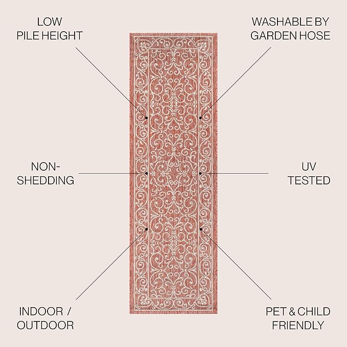 JONATHAN Y Vintage Filigree Indoor Outdoor Runner Rug 2X10 Red/Beige, Charleston Textured Weave for Backyard, Patio, Porch, Easy-Cleaning, High Traffic, Pet-Friendly, Non-Shedding (SMB106B-210)