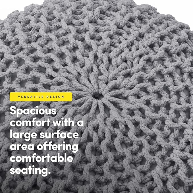 Pouf Ottoman Foot Rest Stuffed – 20” Diameter x 14” Tall Cozy Floor Pouf for Living Room, Bedroom, Nursery & More – 100% Cotton Knit Shell, EPS Bead Filled Footrest & Accent Chair, Gray