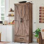 72" Tall Wood Storage Cabinet, Farmhouse Kitchen Pantry Cabinet with Adjustable Shelves & Drawer & Barn Doors, Versatile Storage for Kitchen, Dining Room, Bathroom, Light Brown