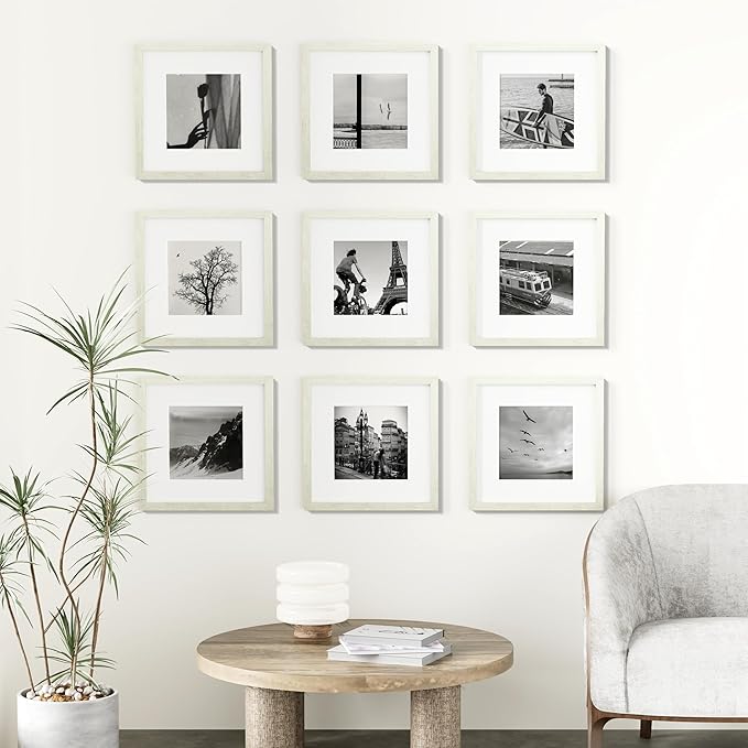 Vittanly 12x12 Picture Frames Set of 9, Shatter Resistant Plexiglass, Display 8x8 Pictures with Mat or 12x12 without Mat, Photo Frames for Wall Mount, Engineered Wood, Whitemist