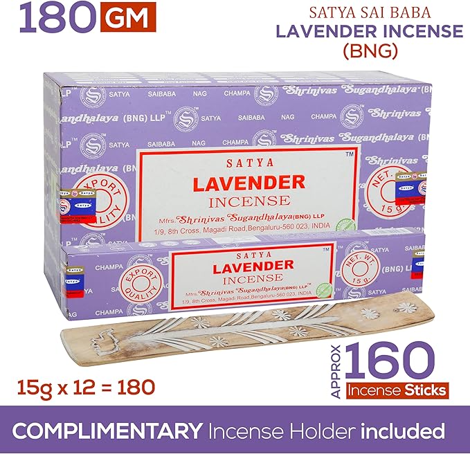 Satya Lavender Incense Sticks, Satya Bng (Bangalore) Insenses 15gmx12 Pack with Raajsee Incense Holder Bundle, Satya Nagchampa Natural Incense
