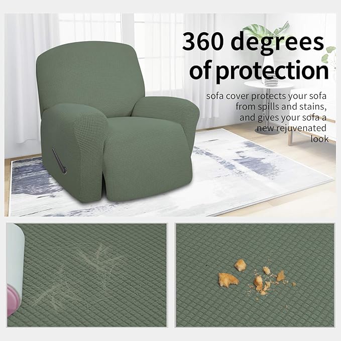Easy-Going 4 Pieces Oversized Recliner Stretch Sofa Slipcover Sofa Cover Furniture Protector Couch Soft with Elastic Bottom Polyester Spandex Jacquard Fabric Small Checks Greyish Green, X-Large