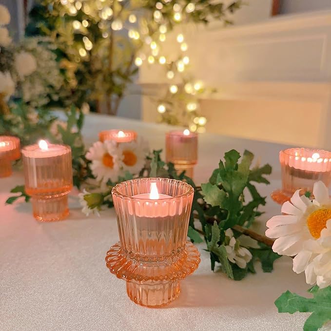 Double Sided Vintage Ribbed Taper Glass Candle Holders,Tea Candle Holder for Table Centerpieces, Wedding Decorations and Dinner Parties (Orange Pink, 6 PCS)