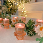 Double Sided Vintage Ribbed Taper Glass Candle Holders,Tea Candle Holder for Table Centerpieces, Wedding Decorations and Dinner Parties (Orange Pink, 6 PCS)