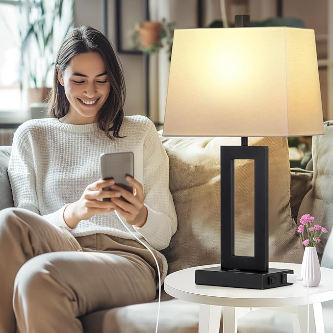 Table Lamp Set of 2 with USB C+A Ports & AC Outlet, Bedside Lamps, Modern Bedroom Lamps, Black Lamps for Night Stands Bedroom Living Room,Nightstand Lamp