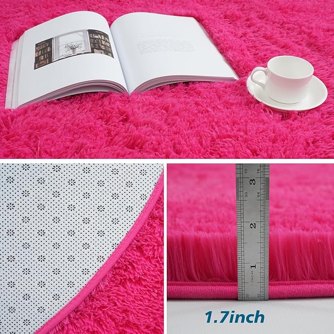 Fluffy Round Area Rugs for Bedroom,Hot Pink 3'X3'Shag Circle Area Rugs for Living Room,Non Slip Fuzzy Plush Rug for Kids Room Boys Girls Room and Dorm