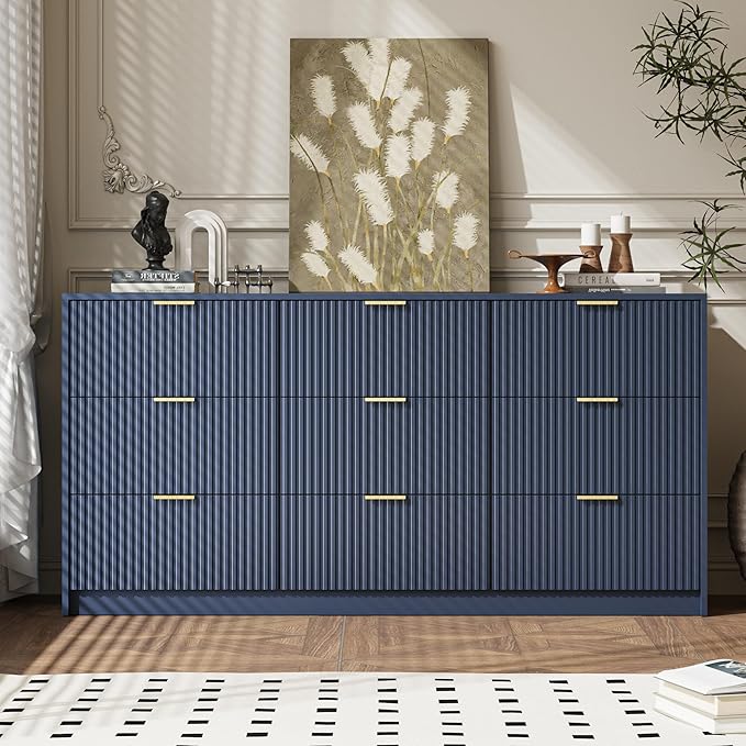 Navy Dresser for Bedroom, 9 Drawer Double Dresser, Modern Chest of Drawers for Bedroom, Living Room, Entryway and Closet, 63" L x 15.7" D x 31.5" H
